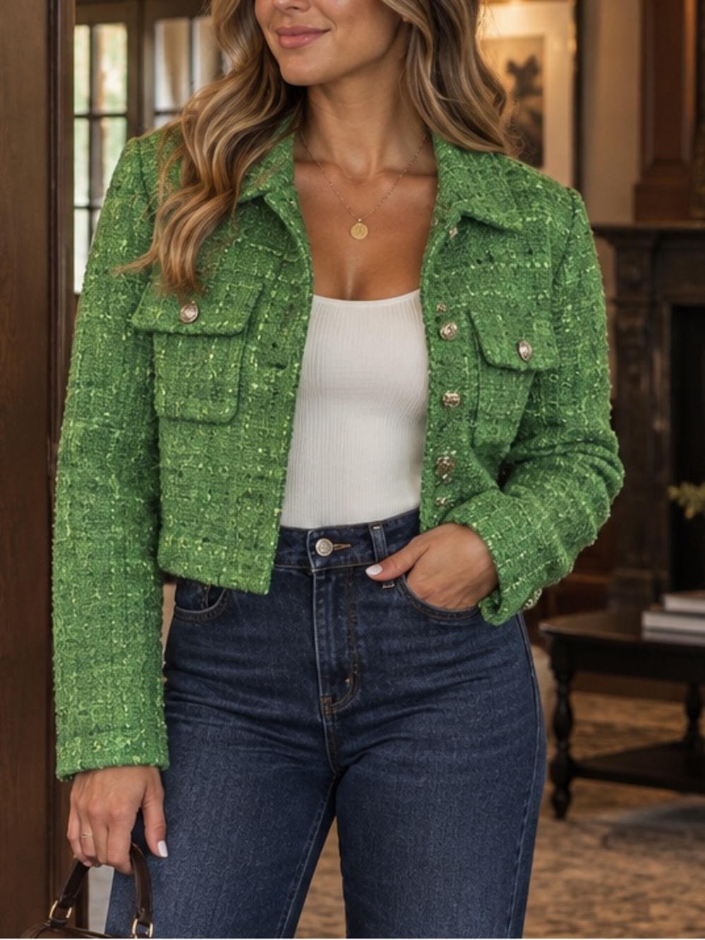 NWT Nicole Miller Green Tweed Cropped Jacket Blazer Large